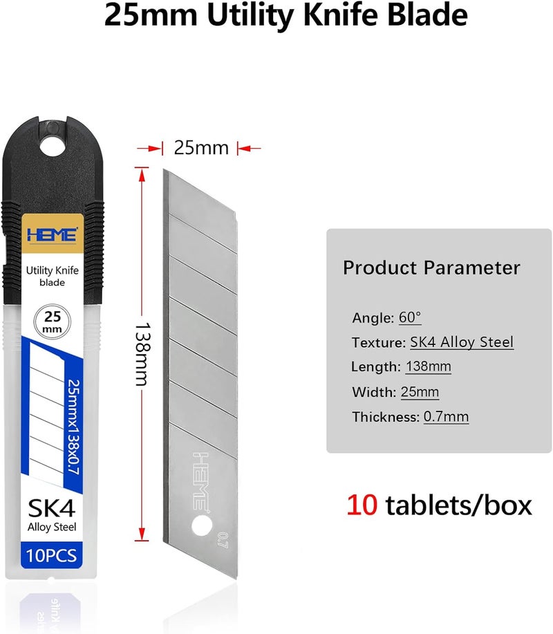 HIEMTE Tools 20Pcs 25mm Utility Knife Replacement Blades Snap off 60 Degree，Blades for Utility Knife and 25mm Box Cutter - Razor Sharp SK4 Steel - Image 3